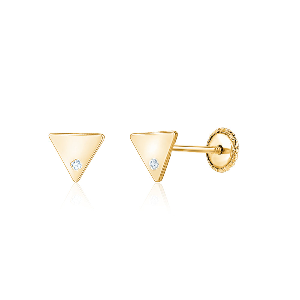 14k yellow gold small flat triangle stud earrings with CZ by Massete