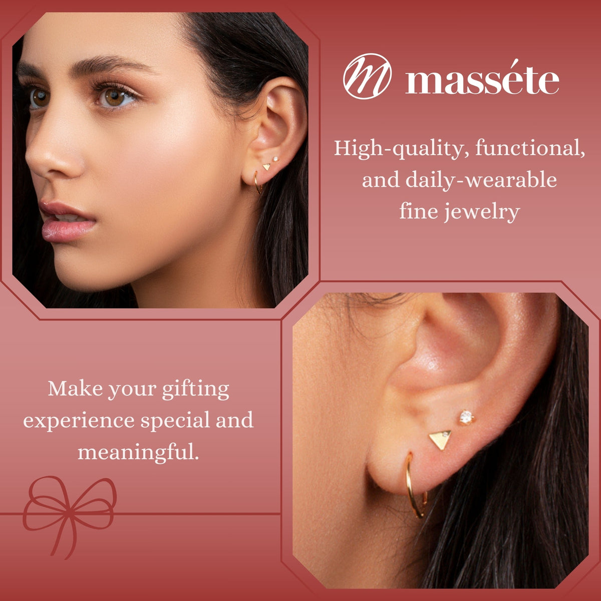 Model wearing 14k yellow gold small flat triangle stud earrings with CZ by Massete, view 3