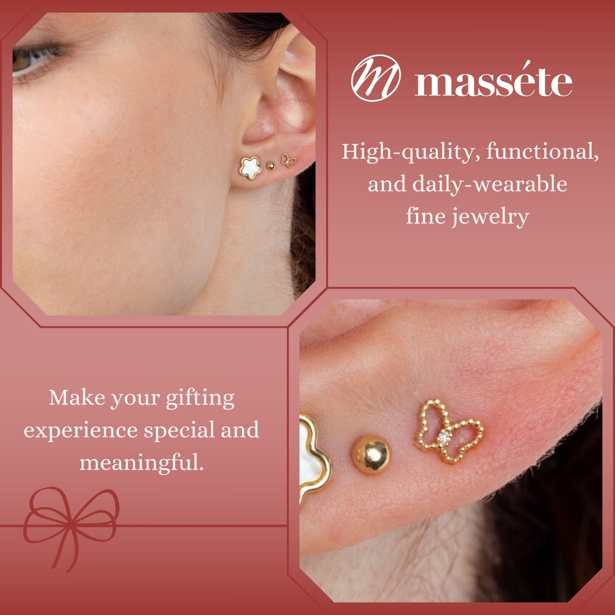 14k yellow gold filigree butterfly stud earrings worn by a model, Massete, view 3