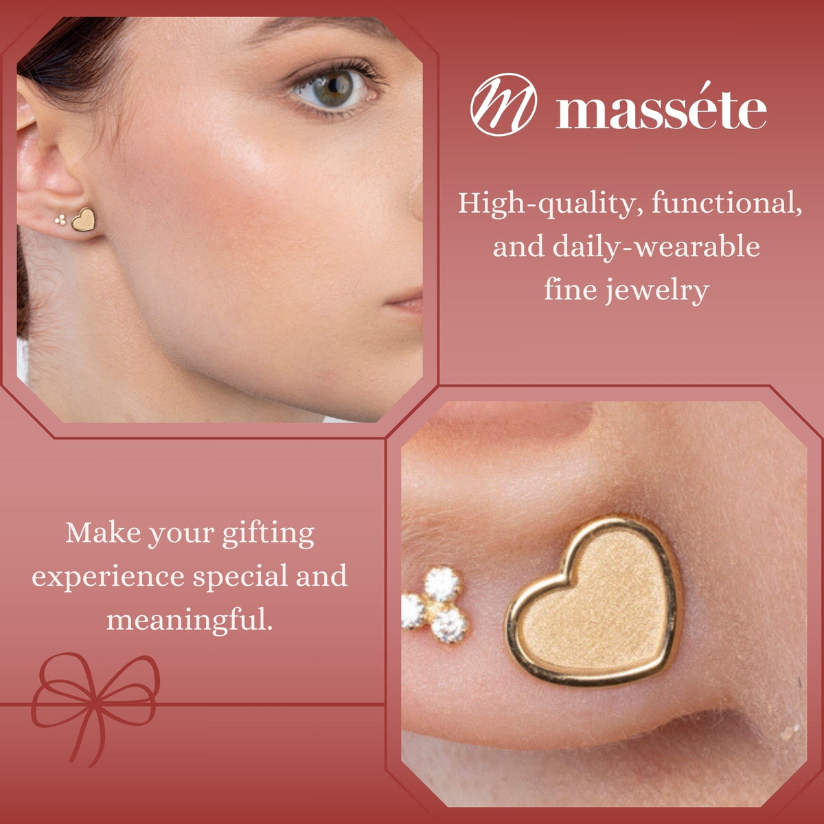 Model wearing 14k yellow gold matte finish heart stud earrings by Massete, view 3