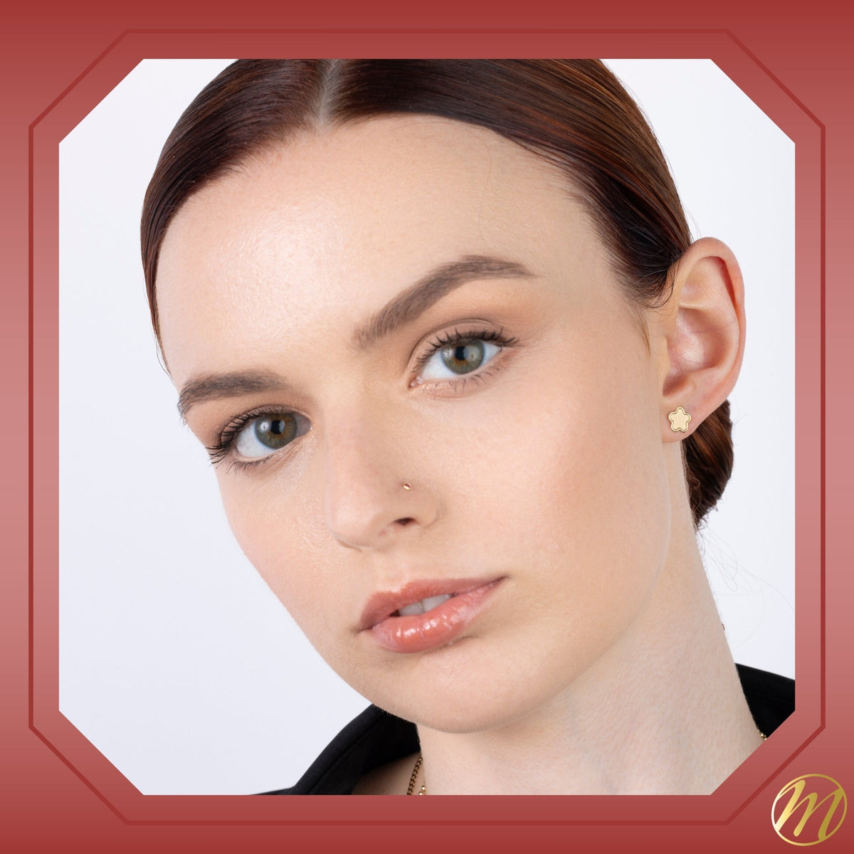 14k yellow gold matte finish flower stud earrings worn by a model, Massete, view 4