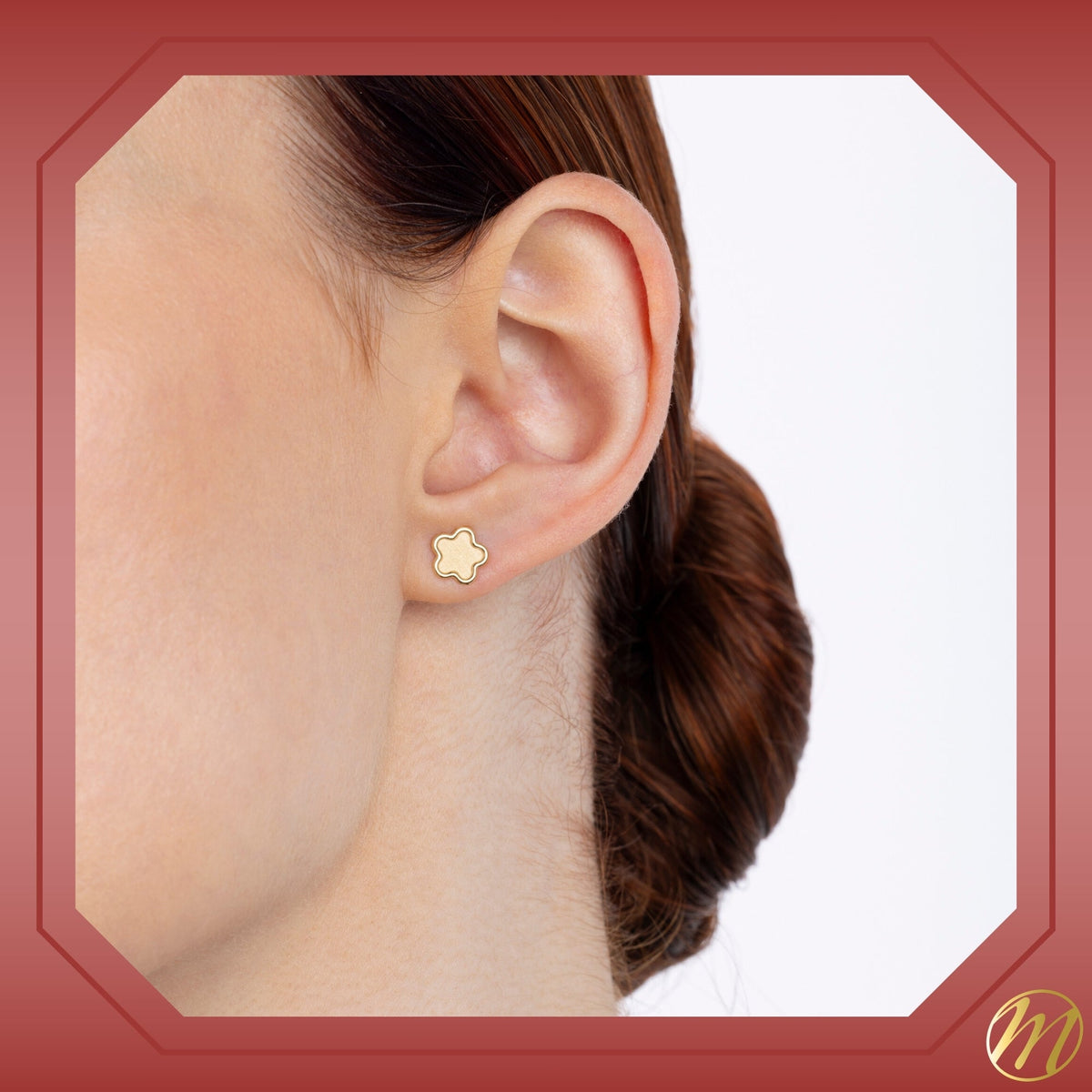 14k yellow gold matte finish flower stud earrings worn by a model, Massete, view 2