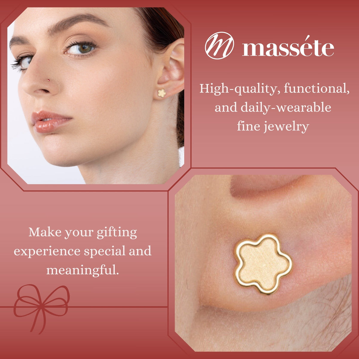 14k yellow gold matte finish flower stud earrings worn by a model, Massete, view 3