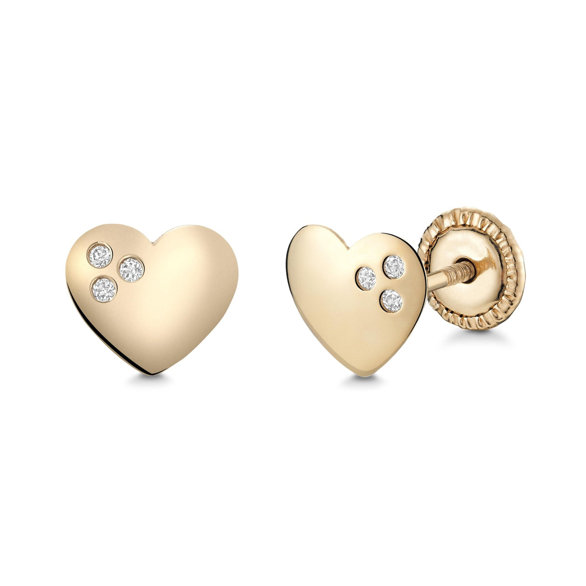 14k yellow gold heart stud earrings with three CZ stones by Massete