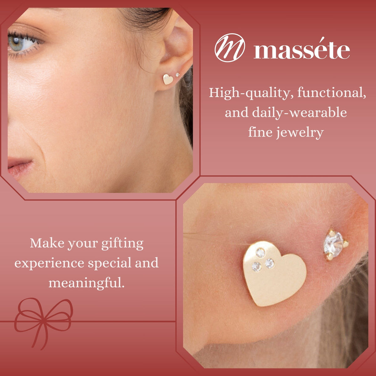 Model wearing 14k yellow gold heart stud earrings with three CZ stones by Massete, view 3