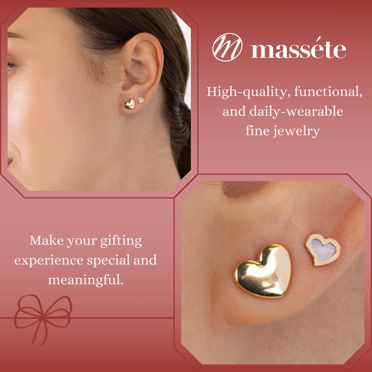 Model wearing 14k yellow gold puff heart stud earrings by Massete, view 3