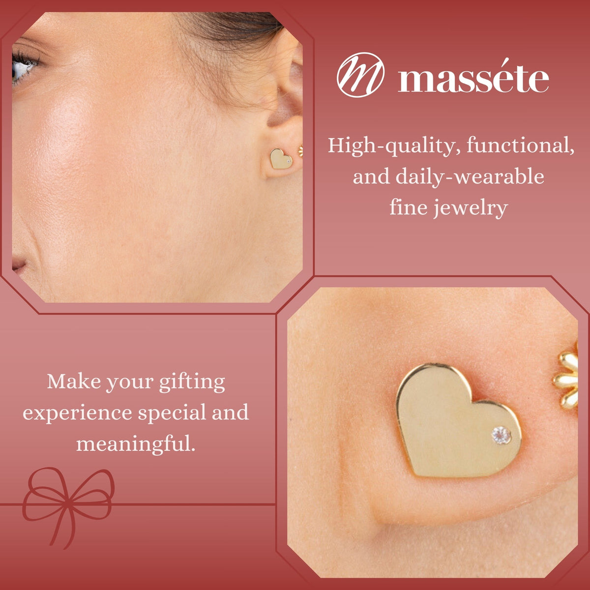 Model wearing 14k yellow gold flat heart stud earrings with CZ by Massete, view 3
