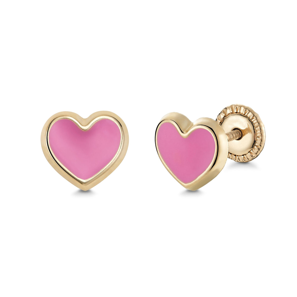 14k yellow gold pink enamel heart stud earrings by Massete, view 3