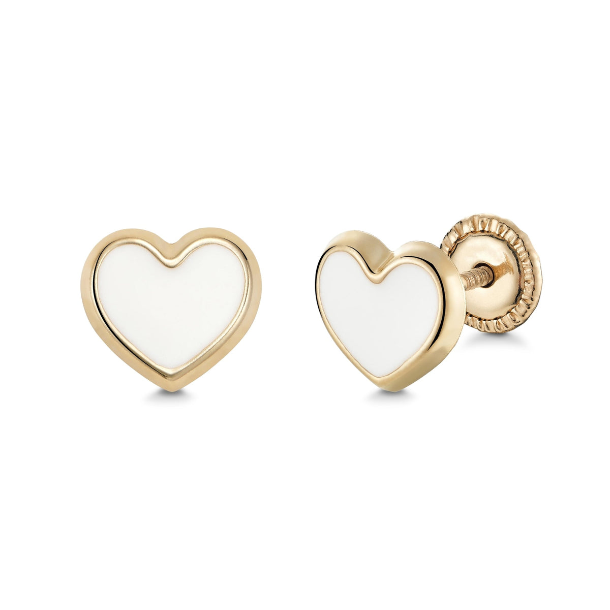 14k yellow gold white enamel heart stud earrings by Massete