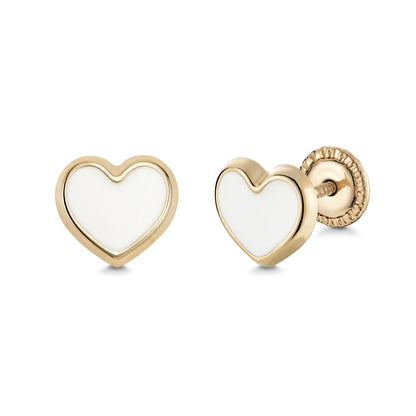 14k yellow gold white enamel heart stud earrings by Massete