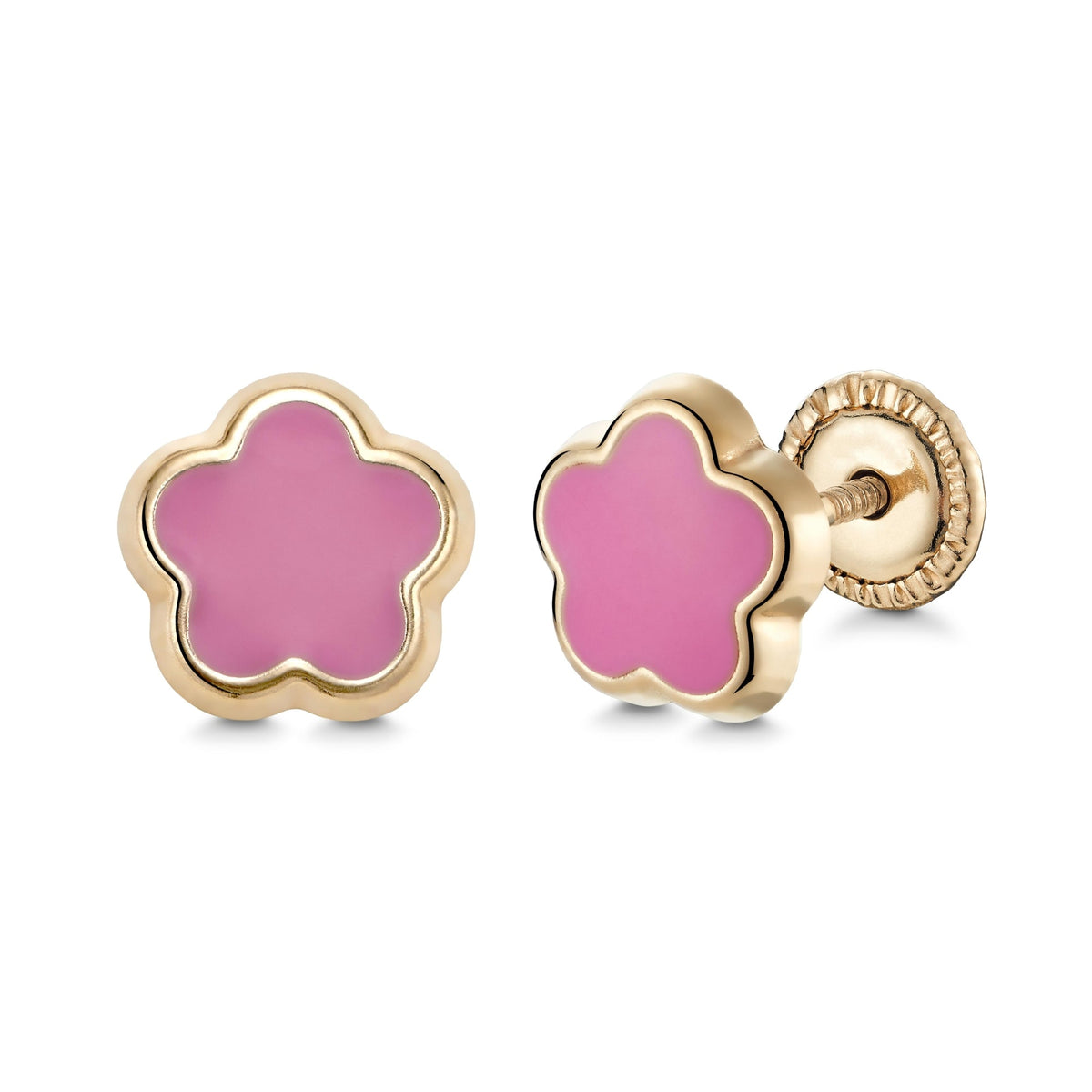 14k yellow gold pink enamel flower stud earrings by Massete