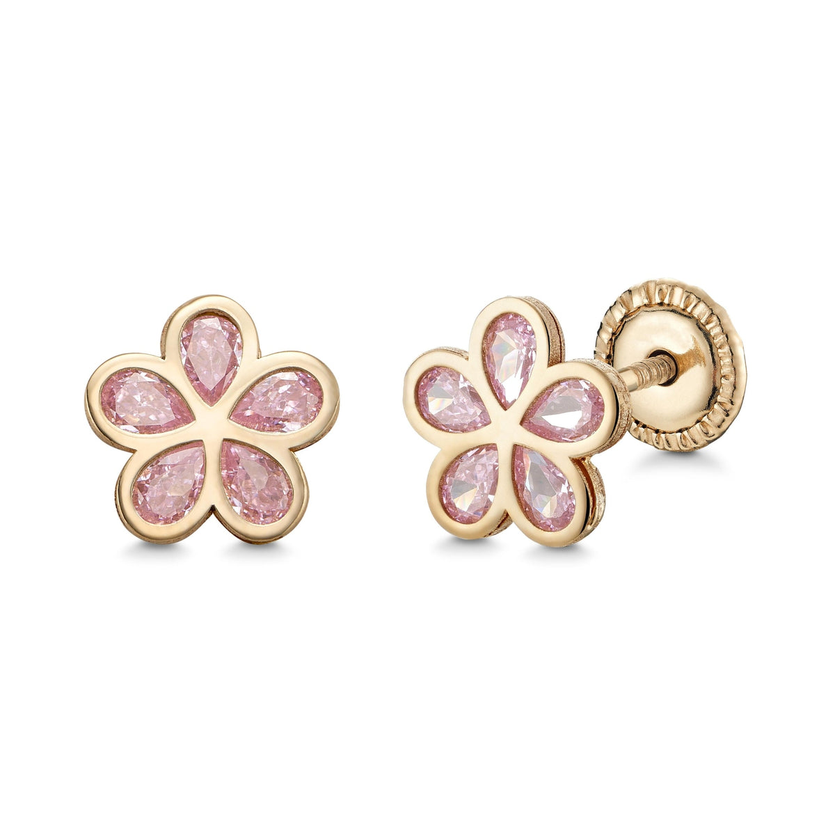 14k yellow gold flower stud earrings with simulated pink stones by Massete