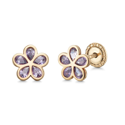 14k yellow gold flower stud earrings with simulated purple stones, Massete, view 8