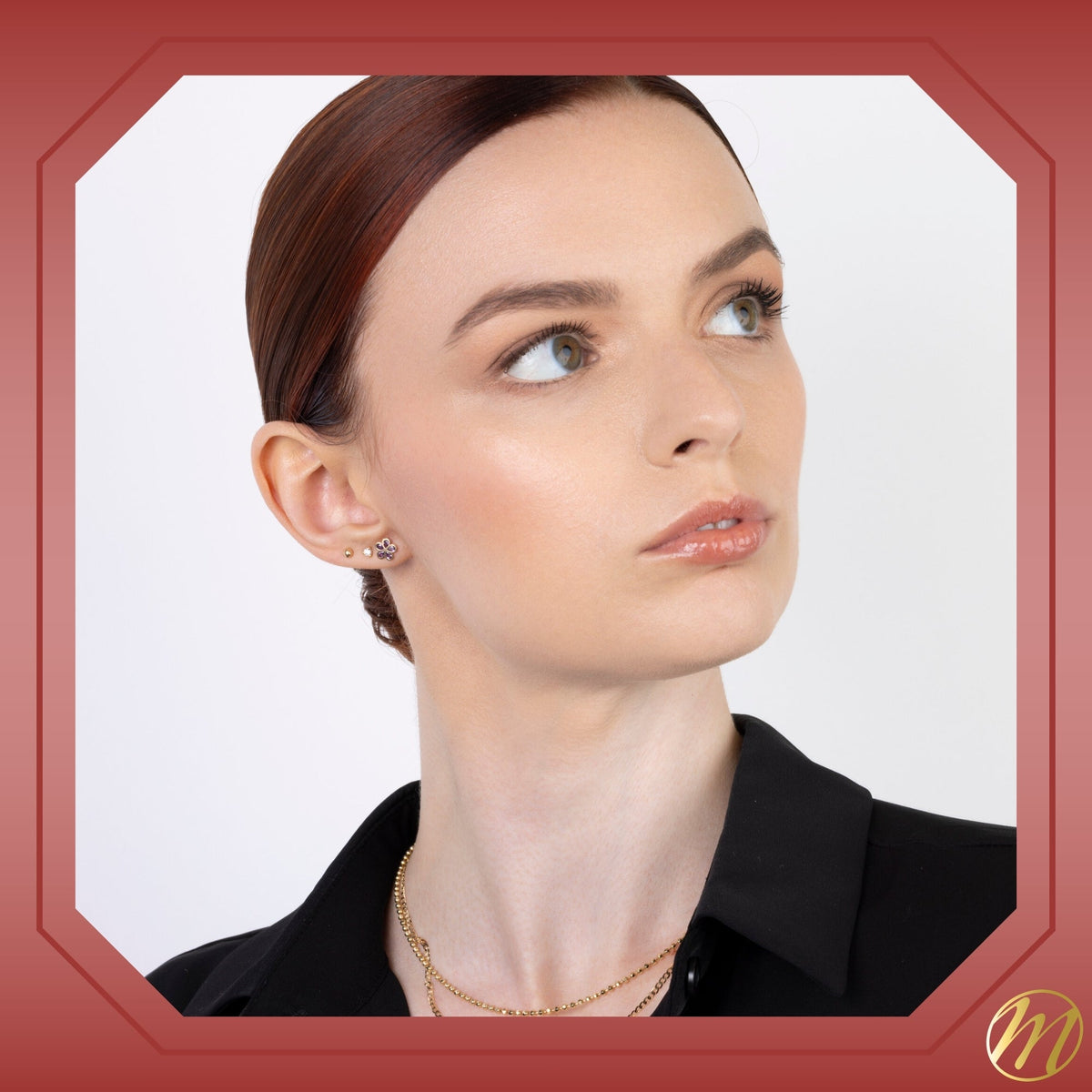 14k yellow gold flower stud earrings worn by a model, Massete, view 4