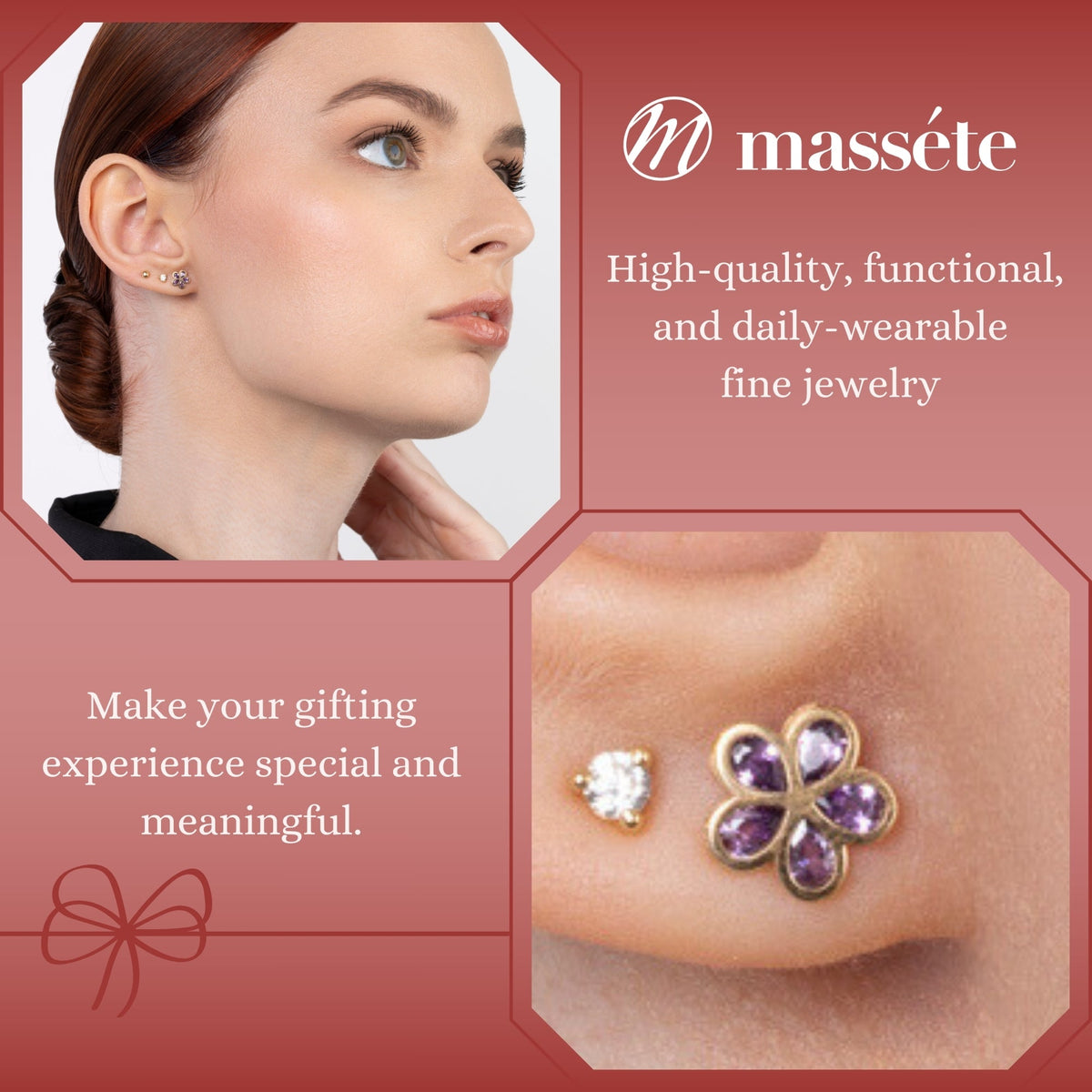 14k yellow gold flower stud earrings worn by a model, Massete, view 3