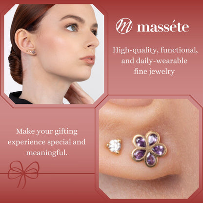 14k yellow gold flower stud earrings worn by a model, Massete, view 3