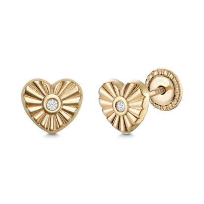 14k yellow gold fluted heart stud earrings with simulated diamond center by Massete