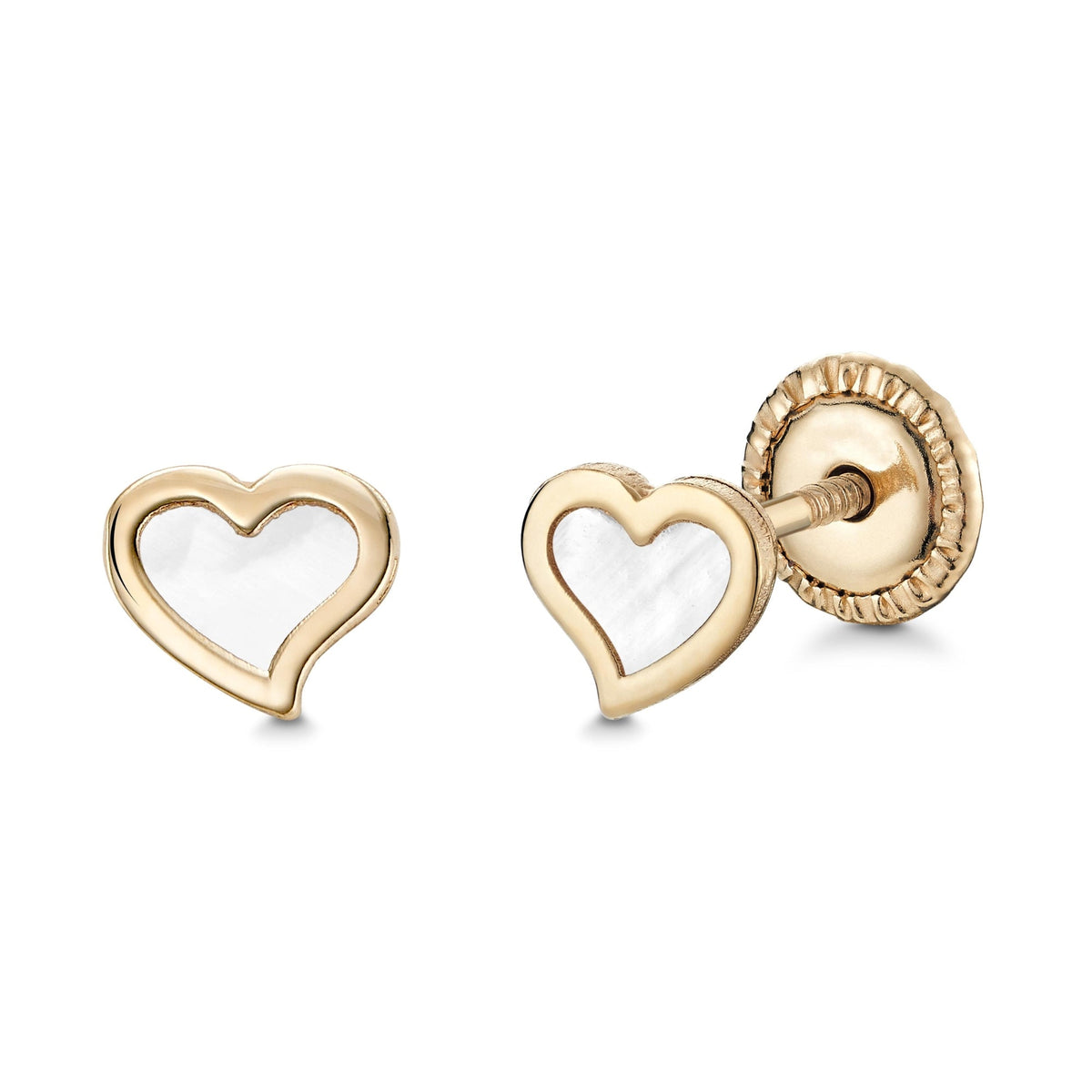 14k yellow gold heart twist stud earrings with mother of pearl by Massete