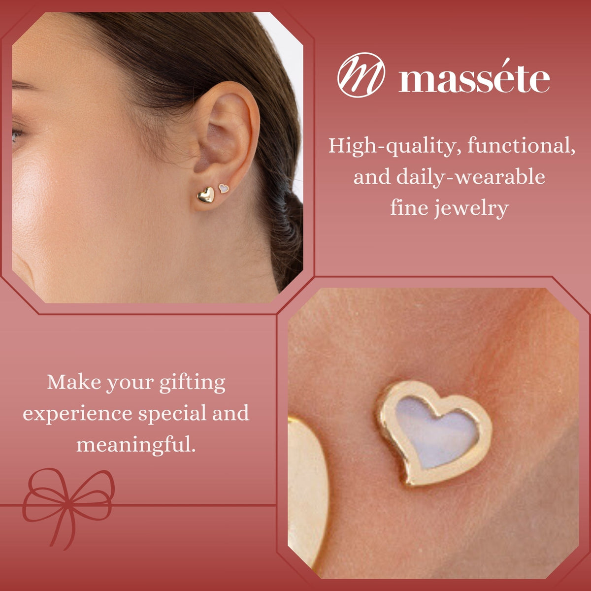 Model wearing 14k yellow gold heart twist stud earrings with mother of pearl by Massete, view 3