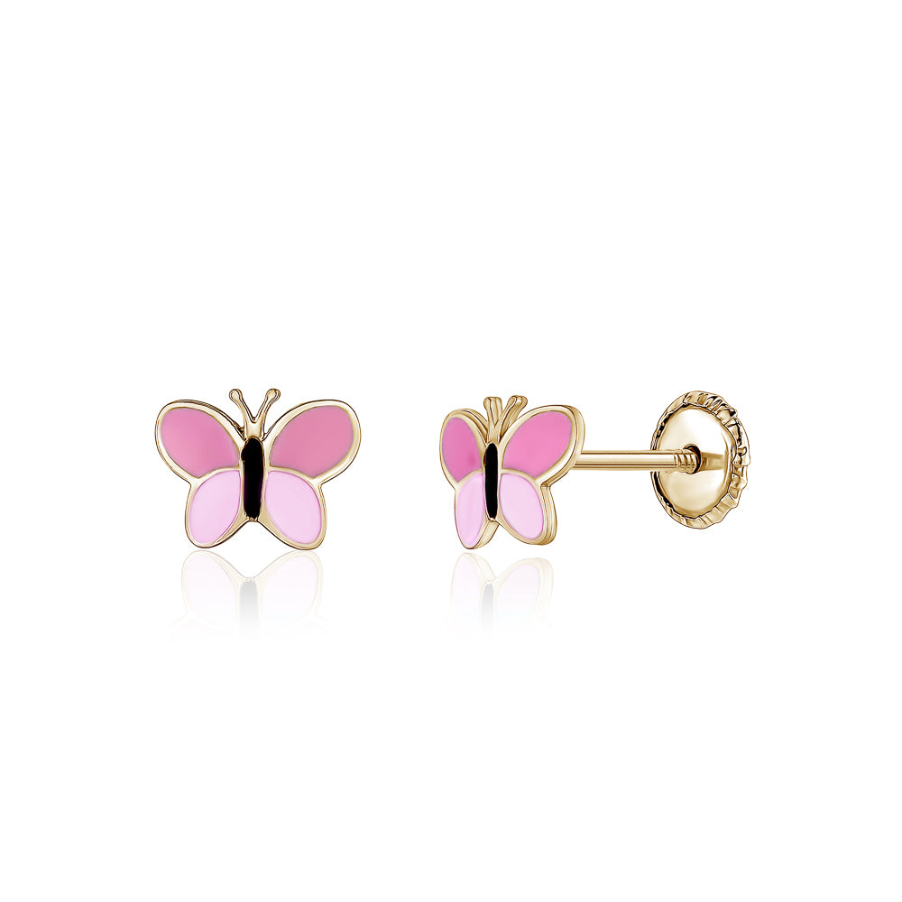 14k yellow gold pink enamel butterfly stud earrings by Massete