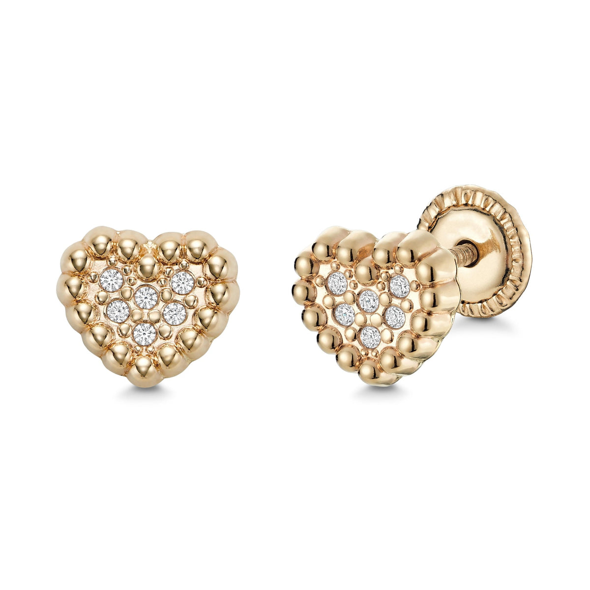 14k yellow gold beaded heart outline stud earrings with pave simulated stones by Massete