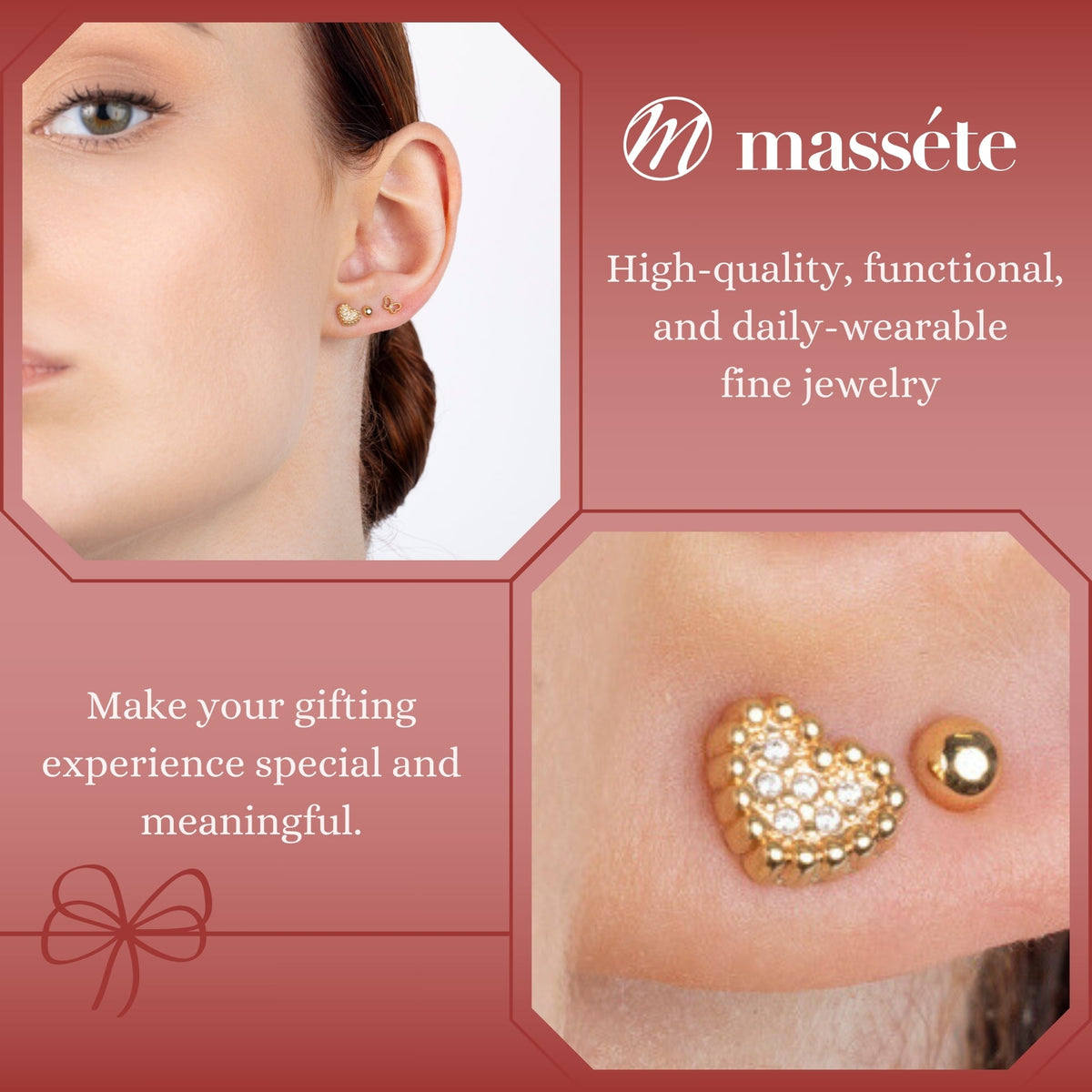 Model wearing 14k yellow gold beaded heart outline stud earrings with pave simulated stones by Massete, view 3