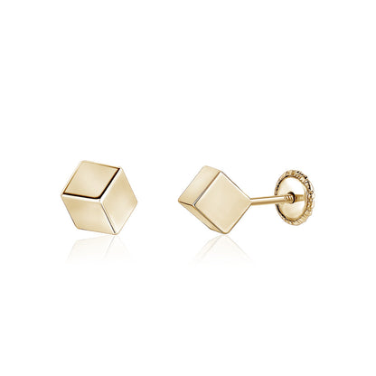 14k yellow gold 4mm cube stud earrings set on an angle by Massete