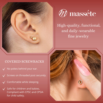 14k Yellow Gold Diamond Cut Ball Earrings Screwback 6mm by Massete
