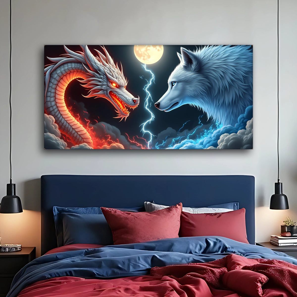 3D Dragon and Wolf Wall Art III canvas by Tailored Canvases shown in a room setting, view 2