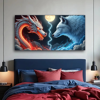 3D Dragon and Wolf Wall Art III canvas by Tailored Canvases shown in a room setting, view 2