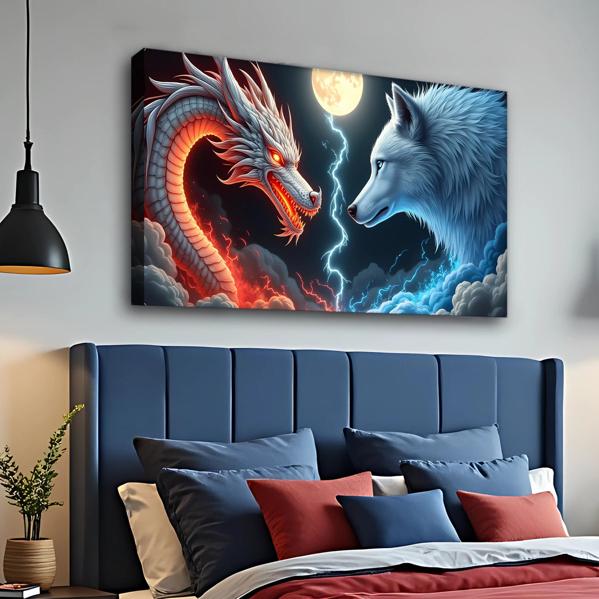 3D Dragon and Wolf Wall Art III canvas by Tailored Canvases shown in a room setting, view 5