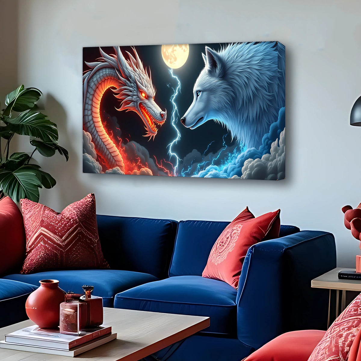 3D Dragon and Wolf Wall Art III canvas by Tailored Canvases shown in a room setting, view 3
