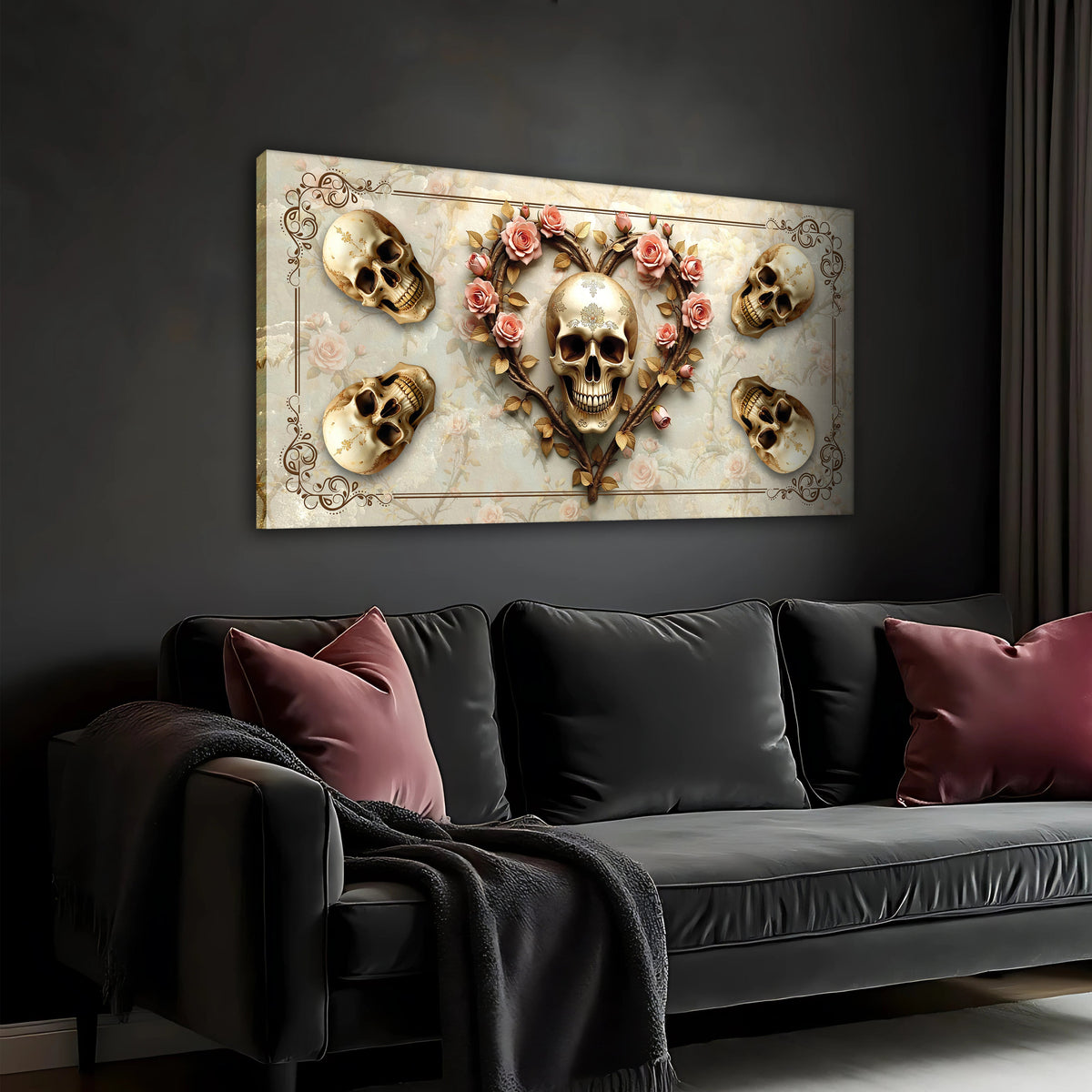 3D Vintage Skull Wall Art canvas by Tailored Canvases shown in a room setting, view 3