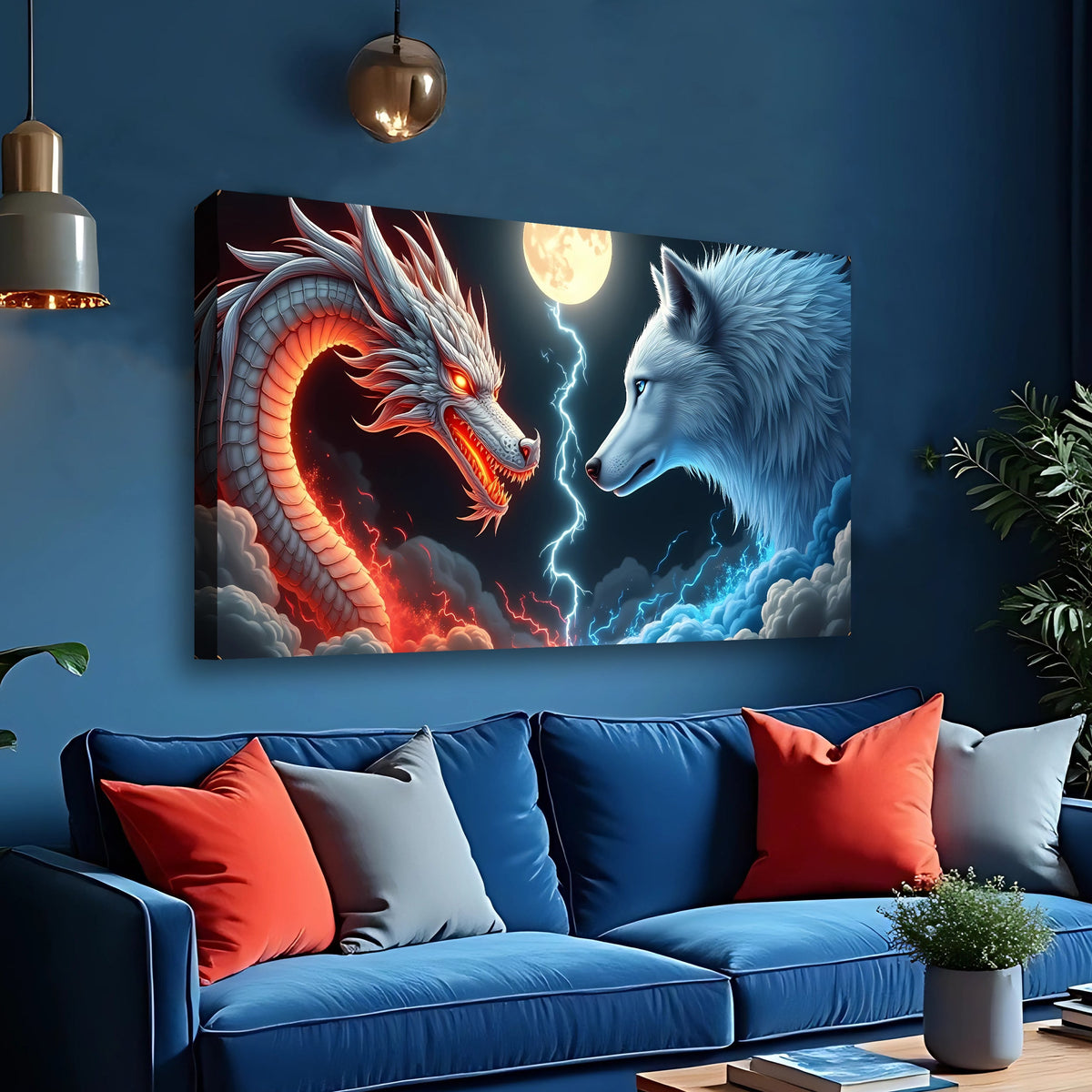 3D Dragon and Wolf Wall Art III canvas by Tailored Canvases shown in a room setting, view 4