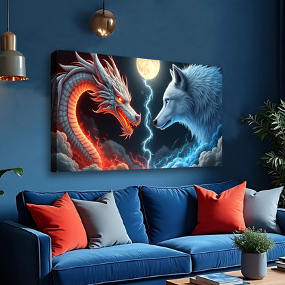 3D Dragon and Wolf Wall Art III canvas by Tailored Canvases shown in a room setting, view 4