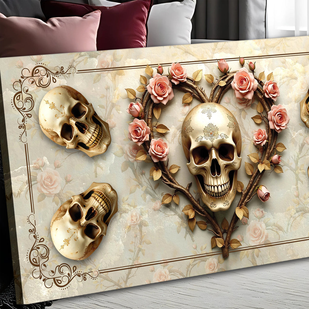 3D Vintage Skull Wall Art canvas by Tailored Canvases shown in a room setting, view 2
