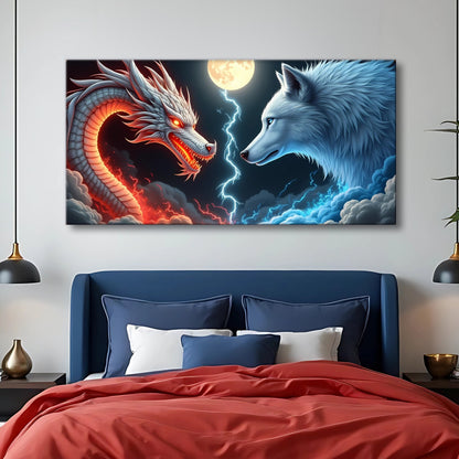 3D Dragon and Wolf Wall Art III canvas by Tailored Canvases shown in a room setting