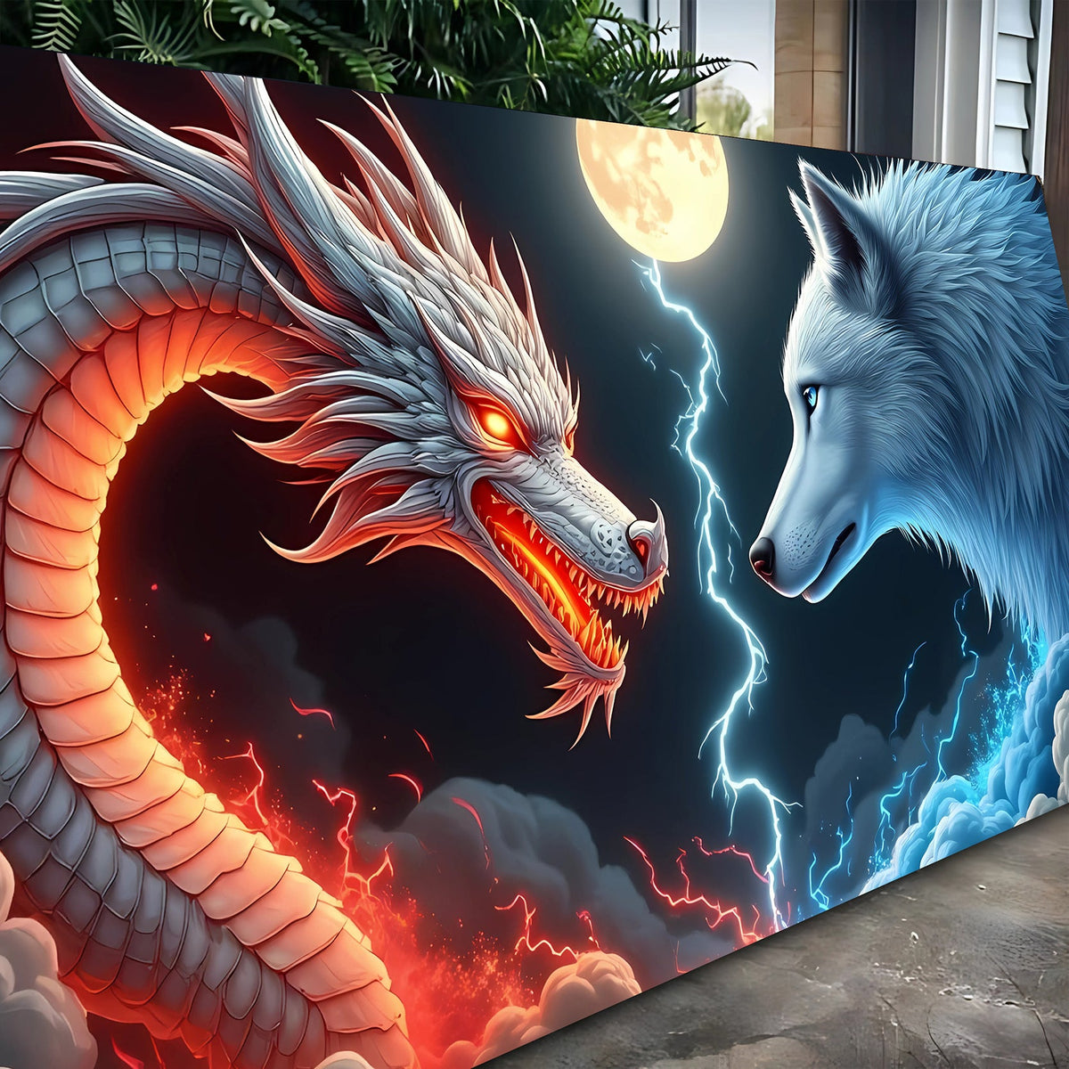 3D Dragon and Wolf Wall Art III canvas by Tailored Canvases shown in a room setting, view 6