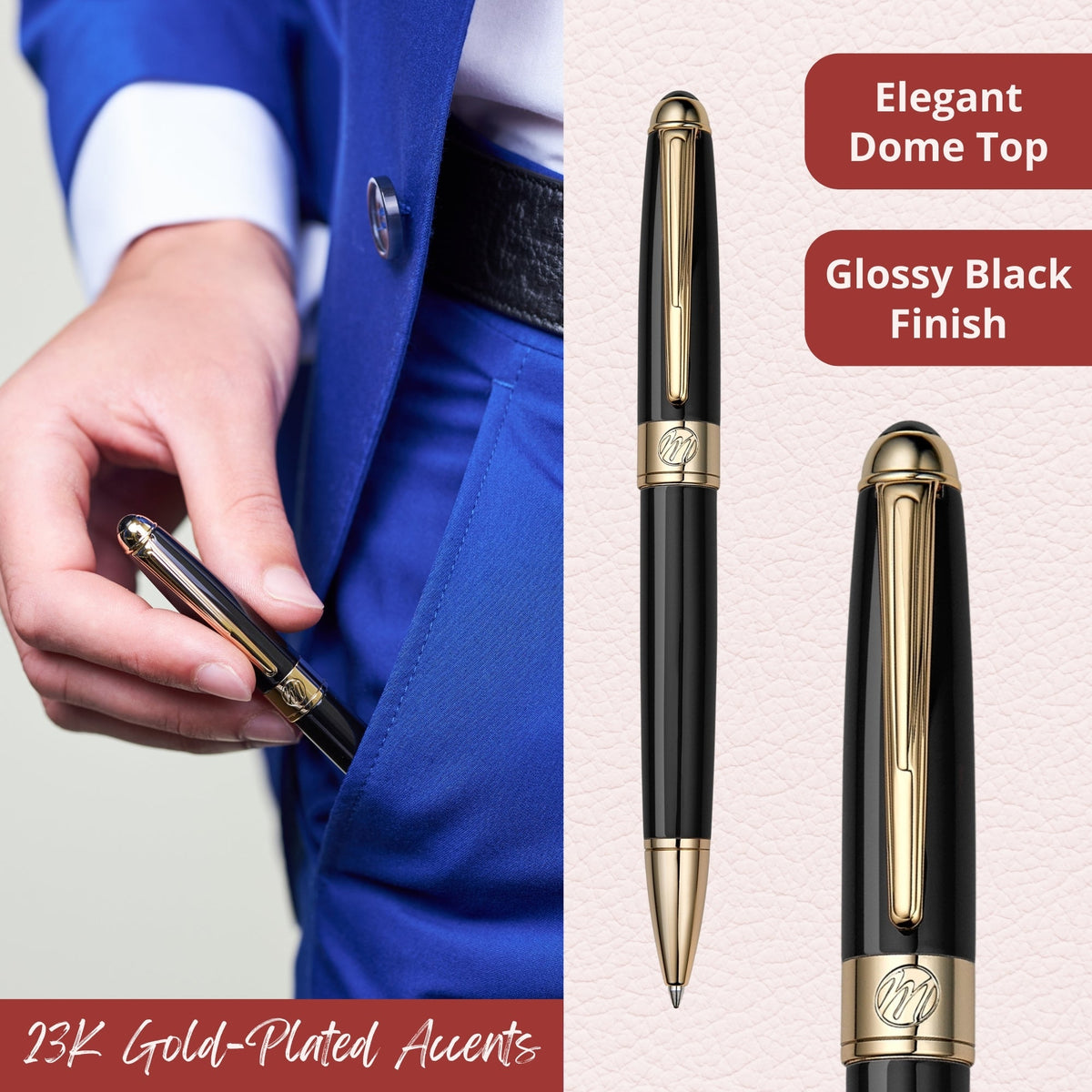Massete Venero Executive Classic Luxury Ballpoint Pen, Glossy Black, Red, or Blue with 23K Gold Plated Trim, Twist to Open, Engravable, Presented in Gift Box, Extra Refill Included, Medium Tip, Black or Blue Ink by Massete