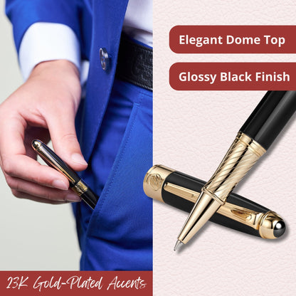 Massete Venero Executive Classic Luxury Rollerball Pen, Glossy Black, Red, or Blue with 23K Gold Plated Trim, Removable Cap, Engravable, Presented in Gift Box, Extra Refill Included, Fine Tip, Black or Blue Ink by Massete