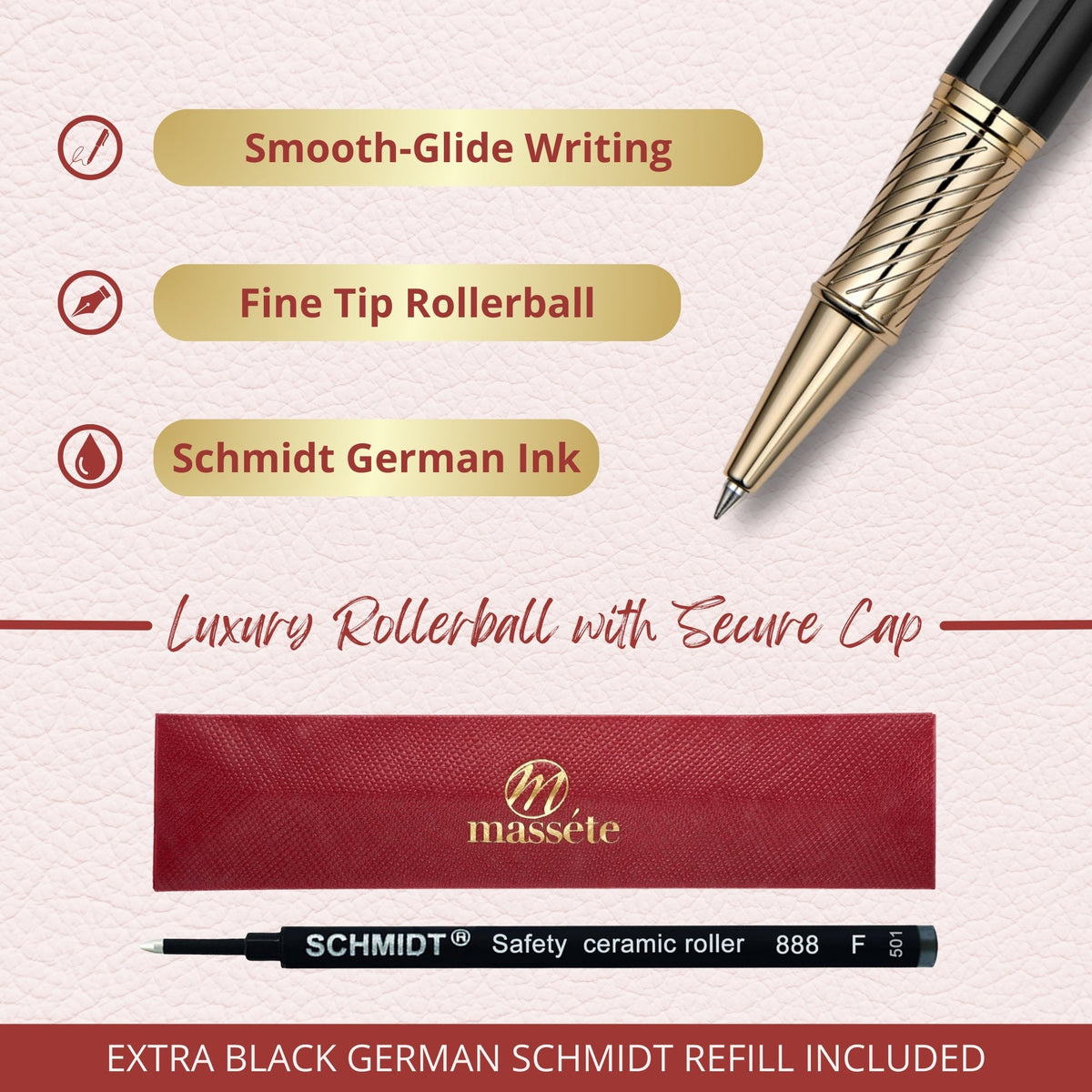 Massete Venero Executive Classic Luxury Rollerball Pen, Glossy Black, Red, or Blue with 23K Gold Plated Trim, Removable Cap, Engravable, Presented in Gift Box, Extra Refill Included, Fine Tip, Black or Blue Ink by Massete