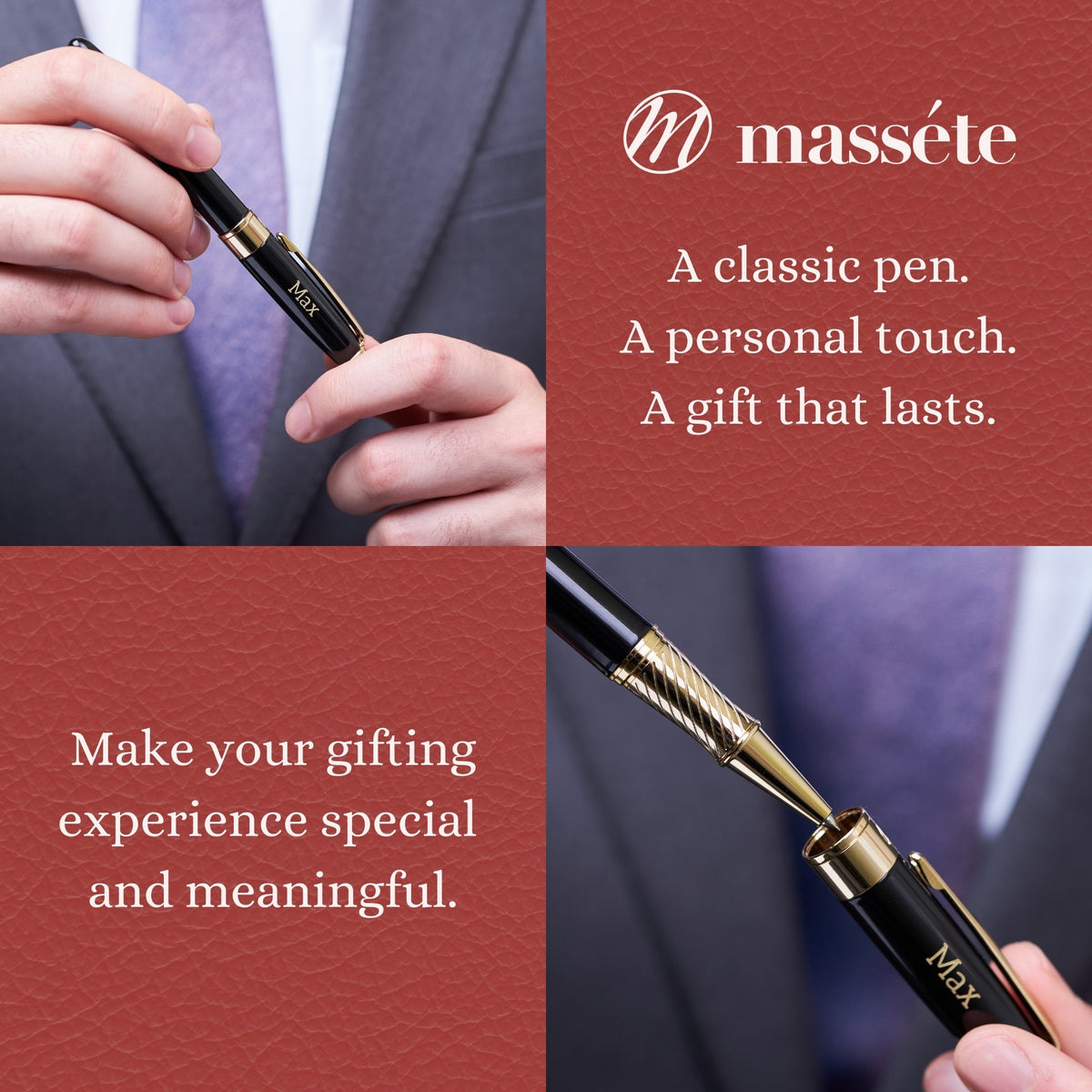 Massete Venero Executive Classic Luxury Rollerball Pen, Glossy Black, Red, or Blue with 23K Gold Plated Trim, Removable Cap, Engravable, Presented in Gift Box, Extra Refill Included, Fine Tip, Black or Blue Ink by Massete
