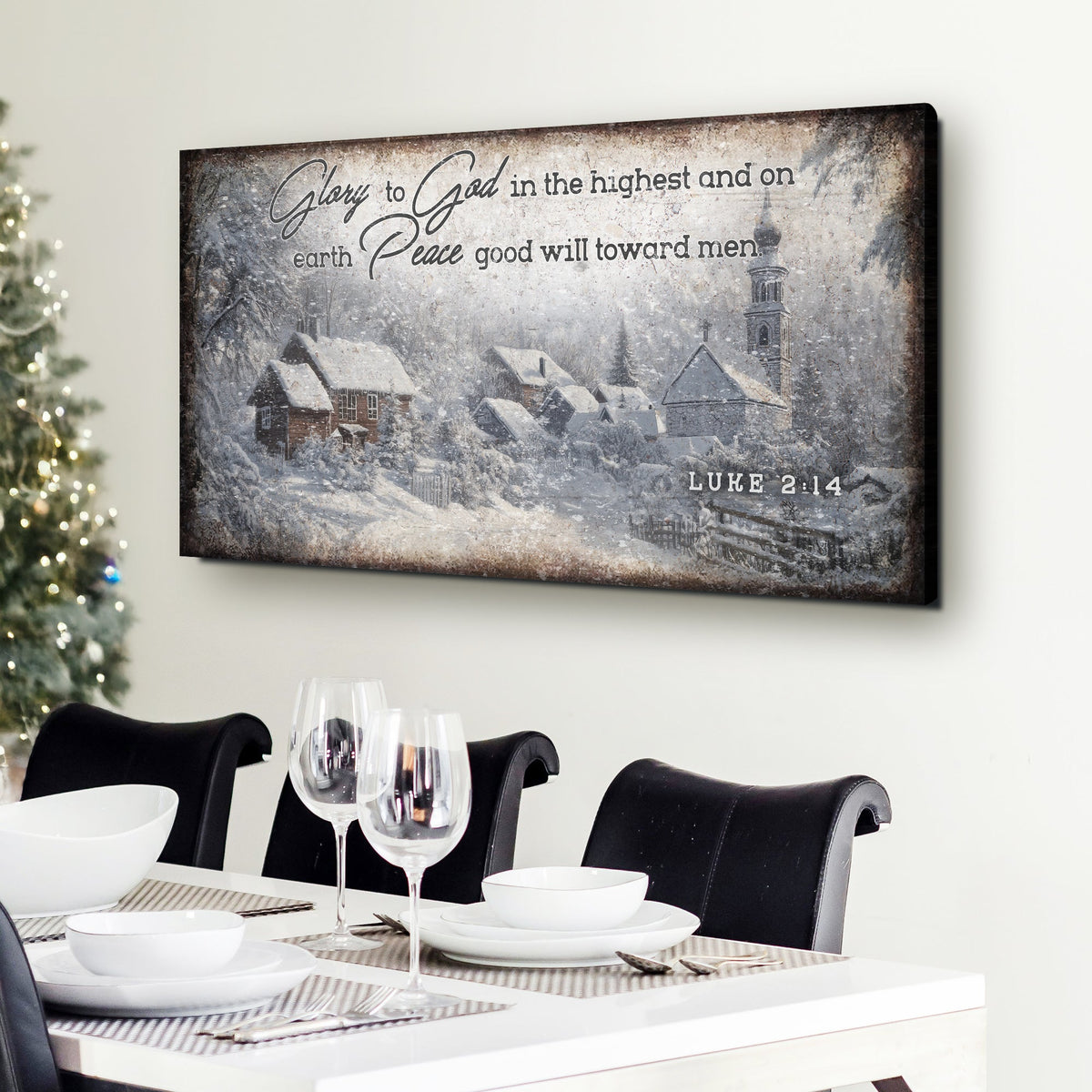 Vintage Christmas Village Luke 2:14 Scripture Sign II by Tailored Canvases