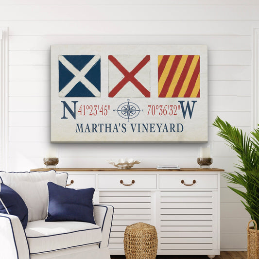 Marthas Vineyard Canvas Print - Nautical Signal Flags & Coordinates by Off The Square Designs