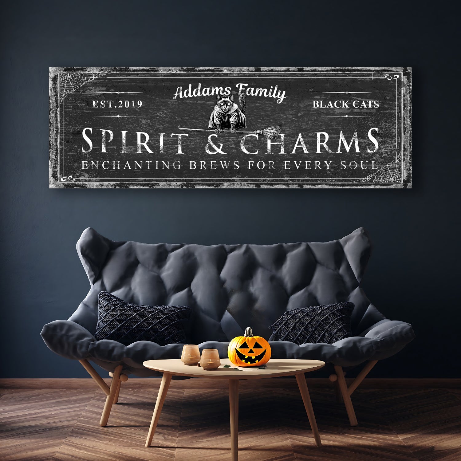 Black Cat’s Spirits & Charms Bar Halloween Sign by Tailored Canvases