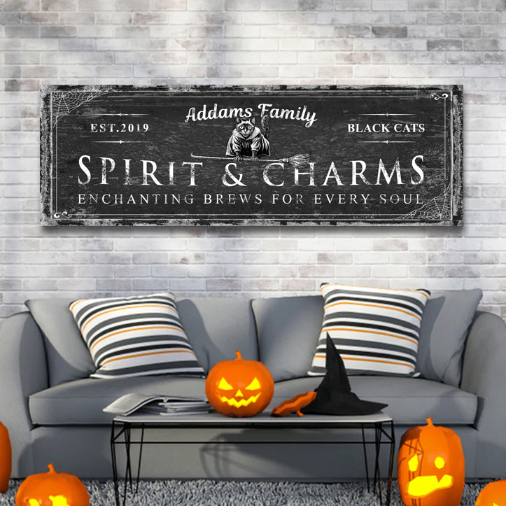 Black Cat’s Spirits & Charms Bar Halloween Sign by Tailored Canvases