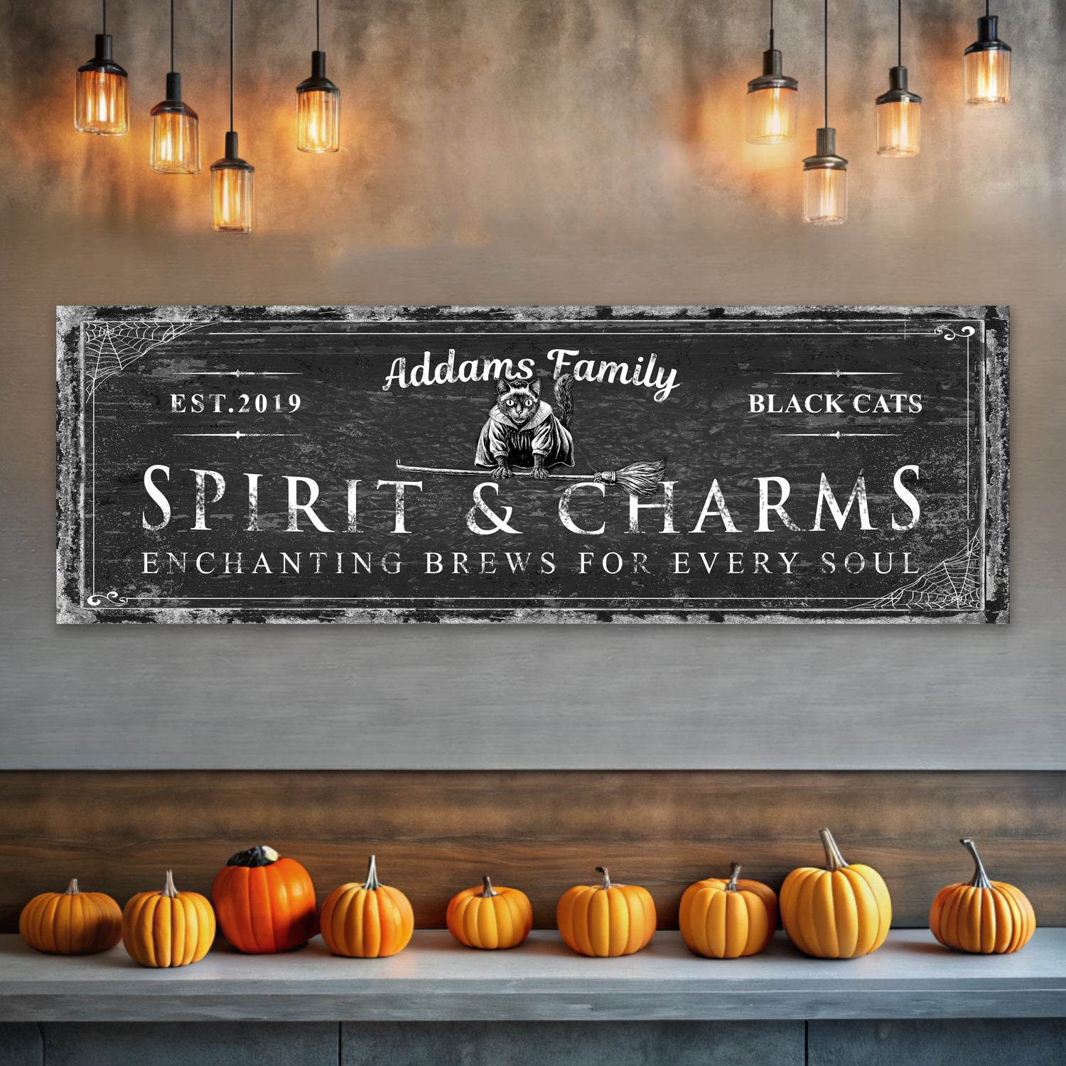 Black Cat’s Spirits & Charms Bar Halloween Sign by Tailored Canvases