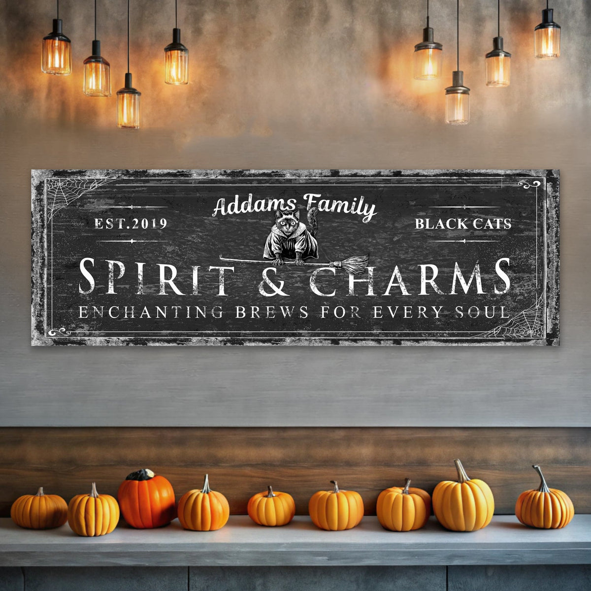 Black Cat’s Spirits & Charms Bar Halloween Sign by Tailored Canvases