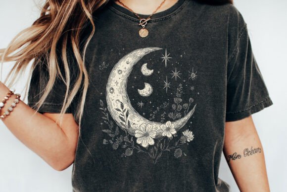 Moons and Stars Boho Flowers Vintage unisex bamboo graphic T-shirt – view 2