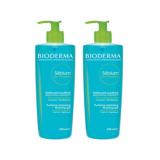 Bioderma Sebium Foaming Cleanser Gel - Gentle Oily Skin Cleanser, Dermatologically Tested, 500ml x2 by Beauty Care Bag